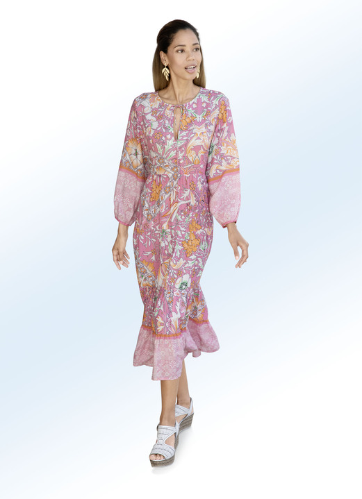 Damenmode - Kleid mit gesmokten Abschlüssen, in Größe 036 bis 052, in Farbe PINK-ECRU-BUNT