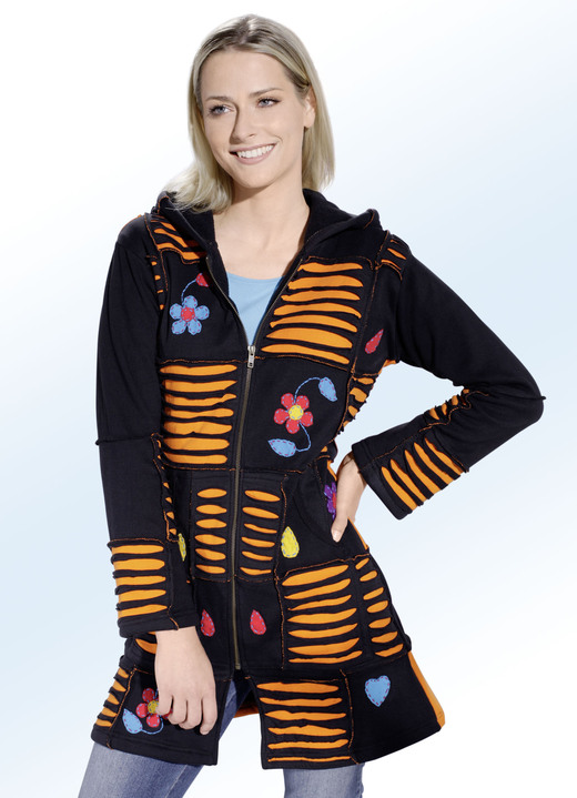 Lang - Longjacke mit Fleece-Innenausstattung, in Größe 036 bis 052, in Farbe SCHWARZ-ORANGE Ansicht 1