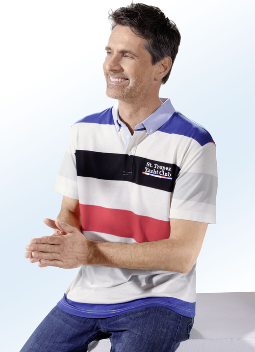 - Poloshirt mit Button-Down-Kragen, in Größe 048 bis 058, in Farbe ECRU-MARINE-ROT