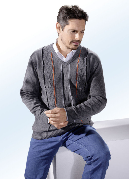 Pullover & Strickmode - Modischer Pullover mit V-Ausschnitt, in Größe 046 bis 062, in Farbe DUNKELGRAU MELIERT