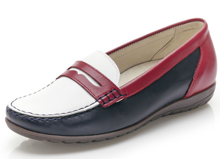 - Waldläufer Mokassin-Slipper mit herausnehmbaren Lederfußbett, in Größe 3 1/2 bis 8, in Farbe BLAU-WEISS-ROT Ansicht 1