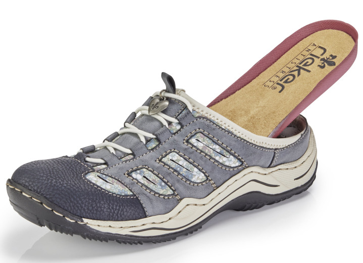 Rieker - Rieker, klassische Damen-Clogs, mit Elastik-Zierschnürung, in Größe 036 bis 043, in Farbe JEANS-BEIGE Ansicht 2