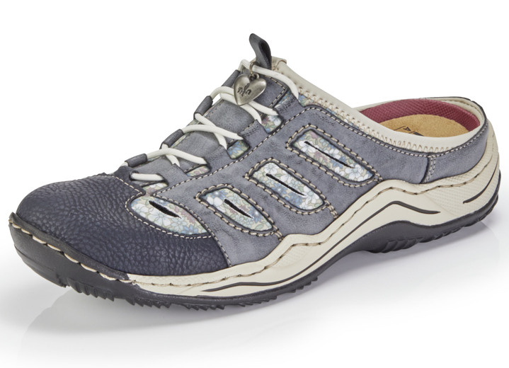 Rieker - Rieker, klassische Damen-Clogs, mit Elastik-Zierschnürung, in Größe 036 bis 043, in Farbe JEANSBLAU-BEIGE Ansicht 1