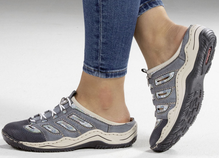 Rieker - Rieker, klassische Damen-Clogs, mit Elastik-Zierschnürung, in Größe 036 bis 043, in Farbe JEANS-BEIGE Ansicht 4