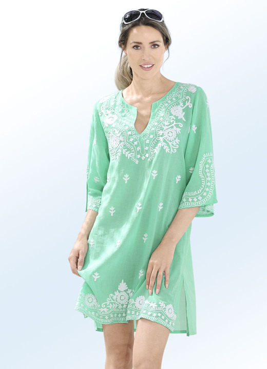 Strandkleider - Tunika mit weißer Stickerei sowie Seitenschlitzen, reine Baumwolle, in Größe 036 bis 056, in Farbe ROYALBLAU-WEISS Ansicht 2