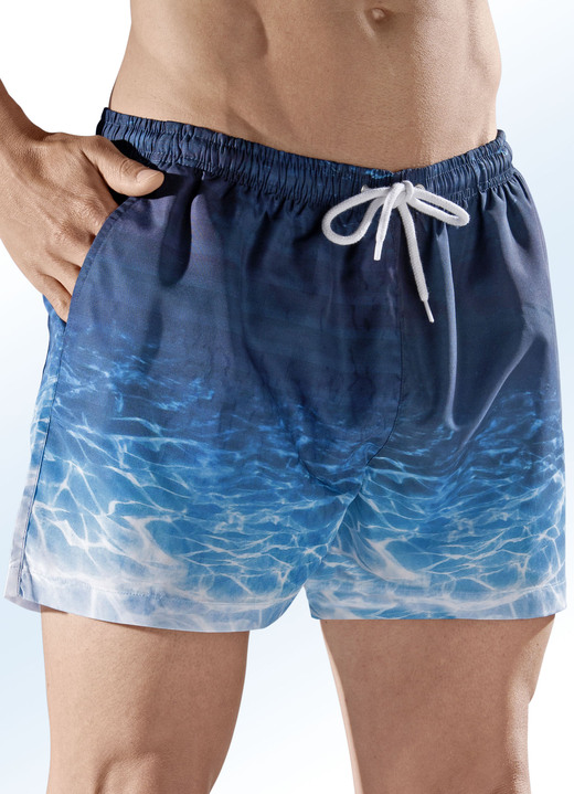 Badeshorts - Badeshorts, Gesäßtasche mit Klettverschluss, Microfaser, in Größe 004 bis 012, in Farbe INDIGO-TÜRKIS-WEISS Ansicht 1