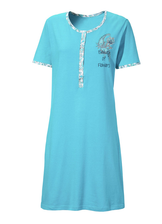 Kurzarm - Zweierpack Nachthemden mit langer Knopfleiste, Stickerei sowie kurzen Ärmeln Ansicht 4 Kurzarm - Zweierpack Nachthemden mit langer Knopfleiste, Stickerei sowie kurzen Ärmeln, in Größe 036 bis 060, in Farbe 1X FUCHSIA, 1X LAGUNE Ansicht 4