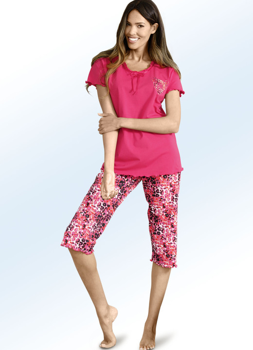 Schlafanzüge & Shortys - Schlafanzug mit Satinband und kurzen Ärmeln, in Größe 036 bis 054, in Farbe PINK-BUNT