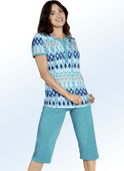 - Zweierpack Schlafanzüge in kurz und lang mit Knopfleiste, in Größe 036 bis 054, in Farbe HELLPETROL-BUNT Ansicht 3