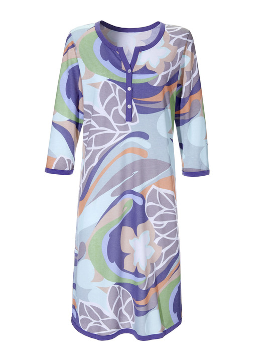 Langarm - Nachthemd mit Knopfleiste, knielang mit 3/4-langen Ärmeln, in Größe 036 bis 054, in Farbe RAUCHBLAU-BUNT Ansicht 2