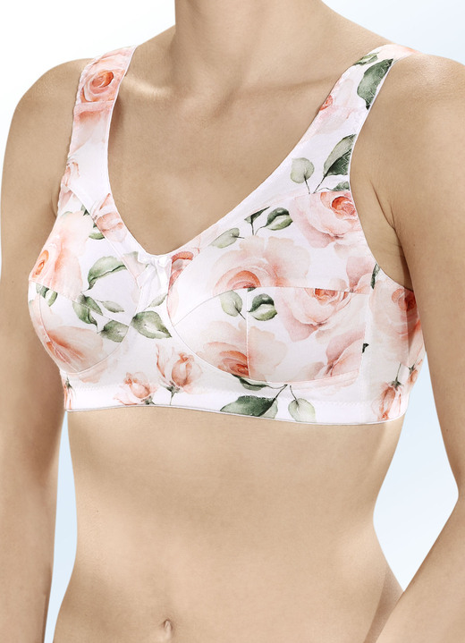 Damenmode - Weißer BH mit farbharmonischem Floraldessin, in Größe 075 bis 105, in Cup E, in Farbe WEISS-BUNT Ansicht 1