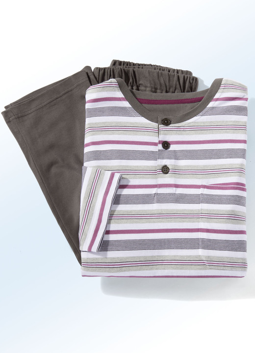 - Zweierpack Schlafanzüge mit Knopfleiste und garngefärbtem Ringeldessin, in Größe 046 bis 062, in Farbe 1X KIWIGRUEN-MARINE, 1X BEERE-GRAU Ansicht 3