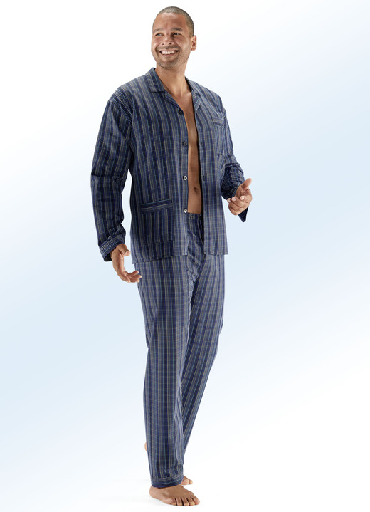 - Schlafanzug, durchgeknöpft mit Reverskragen und Taschen, in Größe 046 bis 060, in Farbe SCHWARZ-BUNT