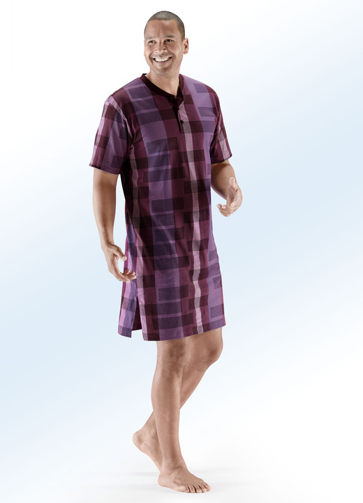 Nachtwäsche - Nachthemd, kurzarm, mit Karodessin, Knopfleiste und Seitenschlitzen, in Größe 048 bis 066, in Farbe BRAUN Ansicht 1