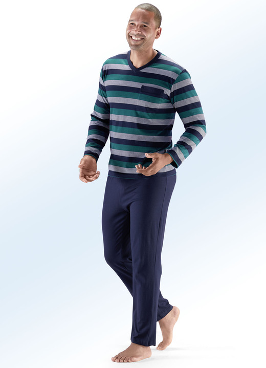 - Zweierpack Schlafanzüge mit V-Ausschnitt, Brusttasche, garngefärbtem Ringel, in Größe 046 bis 062, in Farbe 1X BORDEAUX-SCHWARZ, 1X PETROL-MARINE Ansicht 2