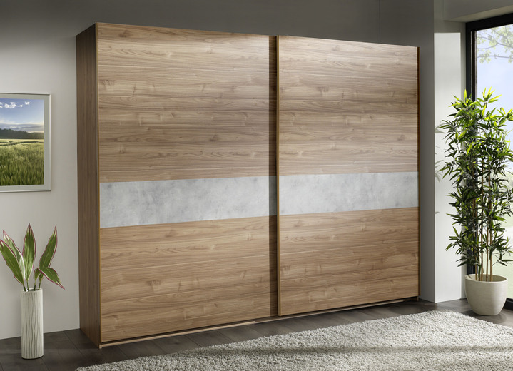 - Schwebetürenschrank in moderner Optik, in Farbe NUSSBAUM-BETON Ansicht 1
