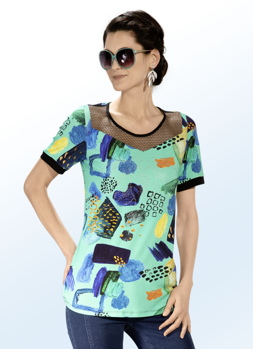 Kurzarm - Shirt mit schwarzem Netz-Jersey-Einsatz in 2 Farben, in Größe 038 bis 054, in Farbe GRÜN-BUNT Ansicht 1