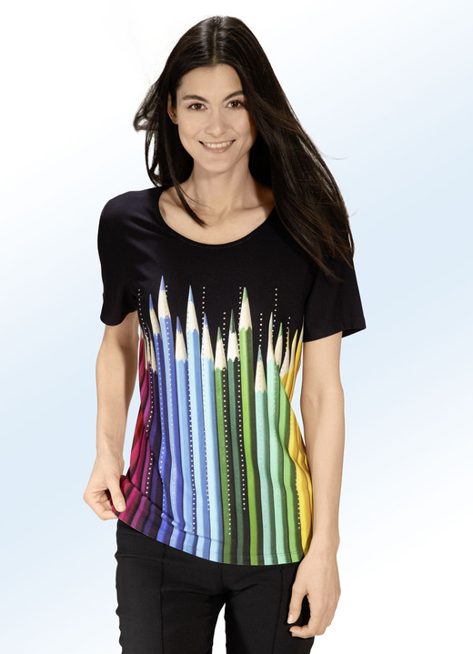 Kurzarm - Shirt mit farbbrillantem Inkjet-Druck, in Größe 036 bis 052, in Farbe SCHWARZ-BUNT
