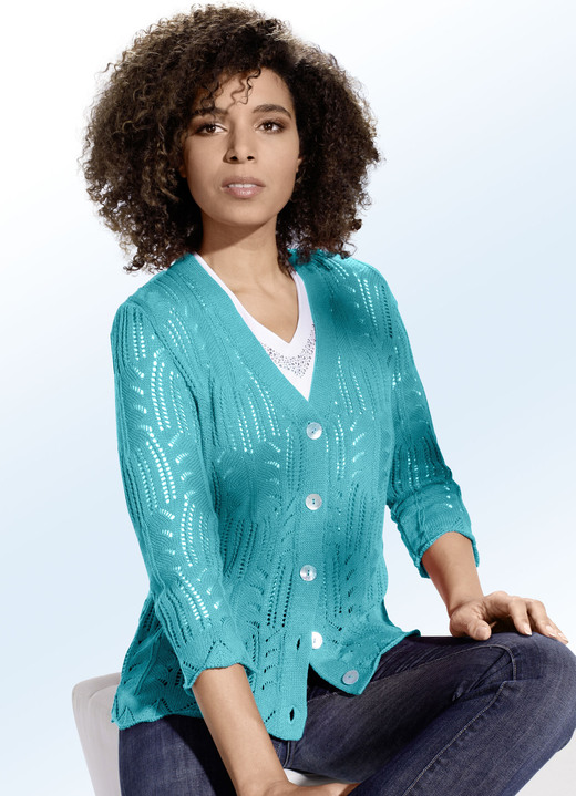 Strickjacken - Strickjacke mit recycelter Baumwolle, in Größe 036 bis 052, in Farbe TÜRKIS Ansicht 1