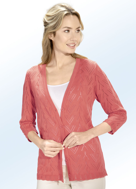 - Strickjacke im feinem Ajourmix, in Größe L(44/46) bis XXL(52/54), in Farbe KORALLE