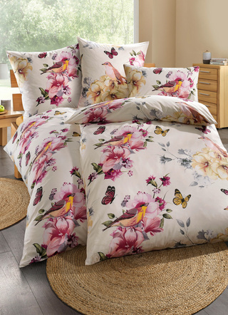 Bettwäschegarnituren - Traumhafte Bettwäsche-Garnitur mit frühlingshaftem Dessin, in Größe 111 (40/80 cm + 135/200 cm) bis 115 (80/80 cm + 155/220 cm), in Farbe DESSIN 1
