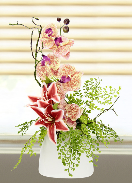 Kunst- & Textilpflanzen - Bezauberndes Orchideen-Gesteck in Vase, in Farbe ORANGE Ansicht 1