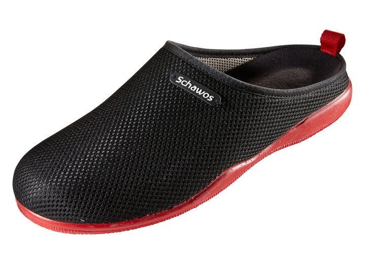 Hausschuhe - Pantoffeln mit rutschhemmender Synthetik-Laufsohle, in Größe 036 bis 041, in Farbe SCHWARZ-BLAU Ansicht 2