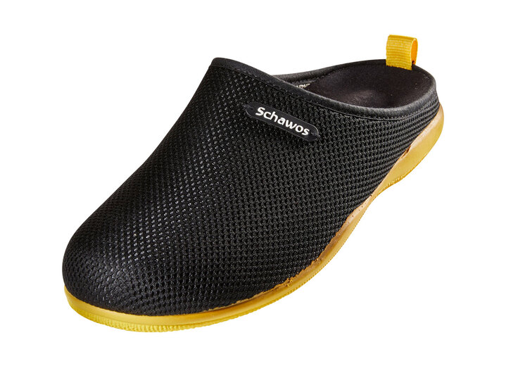 Damenmode - Pantoffeln mit rutschhemmender Synthetik-Laufsohle, in Größe 036 bis 041, in Farbe SCHWARZ-GELB Ansicht 1