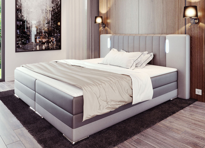 - Boxspringbett mit Touch-LED und Topper, in Farbe DUNKELG.-HELLG.