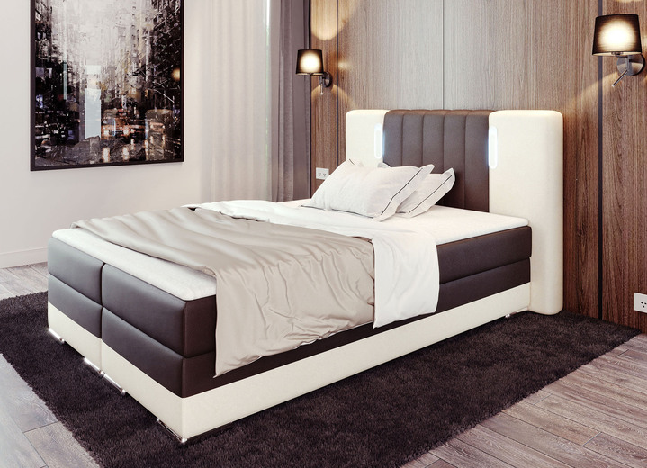 - Boxspringbett mit Touch-LED und Topper, in Farbe BRAUN-BEIGE