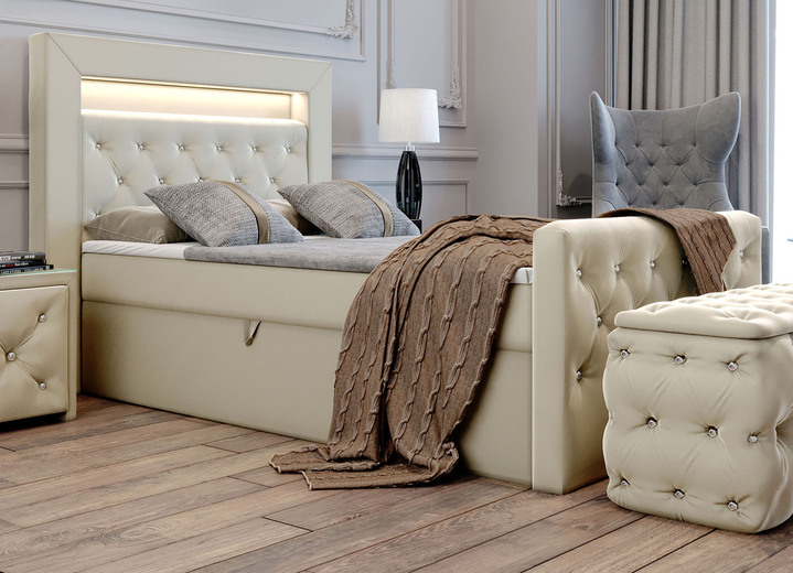 Boxspringbetten - Boxspringbett mit LED-Beleuchtung und Topper, in Farbe CREME Ansicht 1
