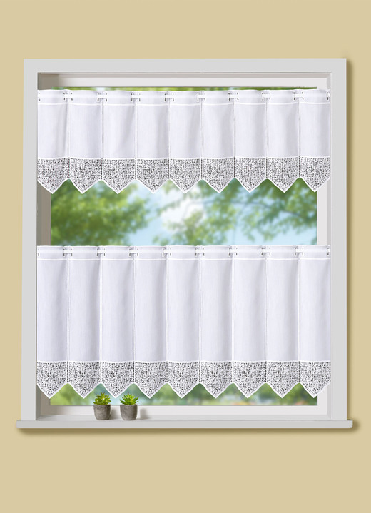 Kurzgardinen - Kurzstore mit edler Macramé-Spitze, in Größe 650 (15x 74 cm) bis 678 (45x127 cm), in Farbe WEISS