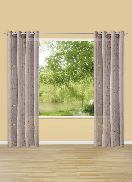 - Allover bestickte Uni-Übergardine in Leinenoptik, in Größe 358 (H145xB130 cm) bis 456 (H245xB130 cm), in Farbe TAUPE, in Ausführung Mit Kräuselband Ansicht 1