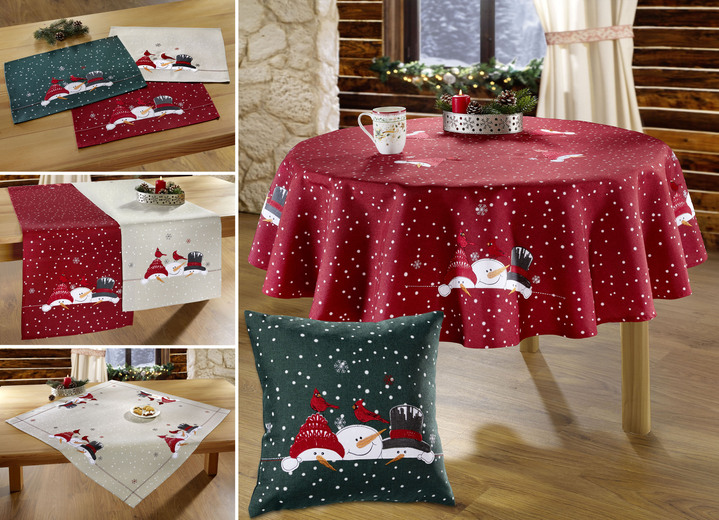 Tischdecken - Zauberhafte Tisch- und Raumdekoration mit Schneemann-Motiven, in Größe 130 (Deckchen, 35/ 50 cm) bis 404 (Kissenbezug, 40/ 40 cm), in Farbe GRÜN Ansicht 1