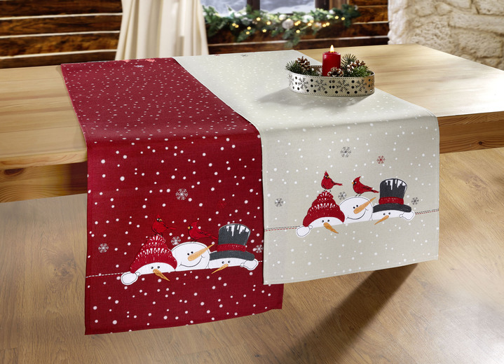 Tischdecken - Zauberhafte Tisch- und Raumdekoration mit Schneemann-Motiven, in Größe 130 (Deckchen, 35/ 50 cm) bis 404 (Kissenbezug, 40/ 40 cm), in Farbe BORDEAUX Ansicht 4