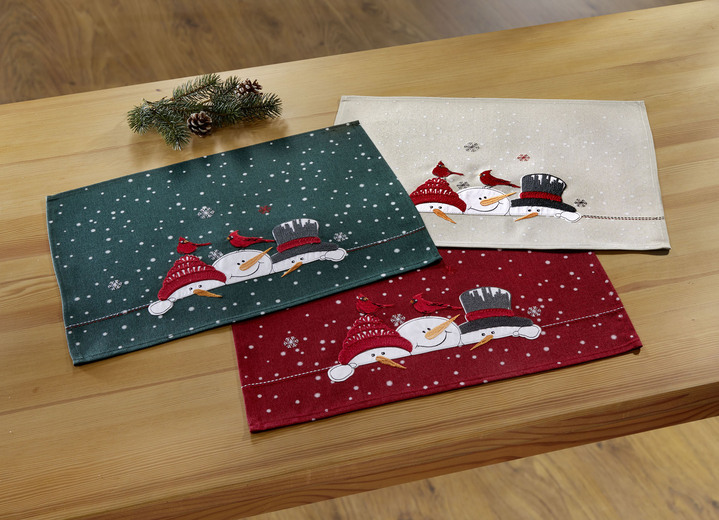 Tischdecken - Zauberhafte Tisch- und Raumdekoration mit Schneemann-Motiven, in Größe 130 (Deckchen, 35/ 50 cm) bis 404 (Kissenbezug, 40/ 40 cm), in Farbe GRÜN Ansicht 3