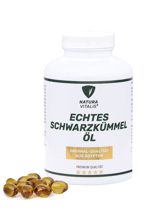 Nahrungsergänzung - Schwarzkümmelöl-Kapseln, in Farbe