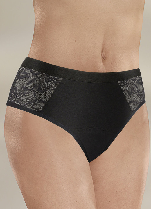 Inkontinenz - Damen Inkontinenz Slip mit Spitze von Con-ta, in Größe 036 bis 050, in Farbe SCHWARZ, in Ausführung 1 Lage Frottee, einzeln