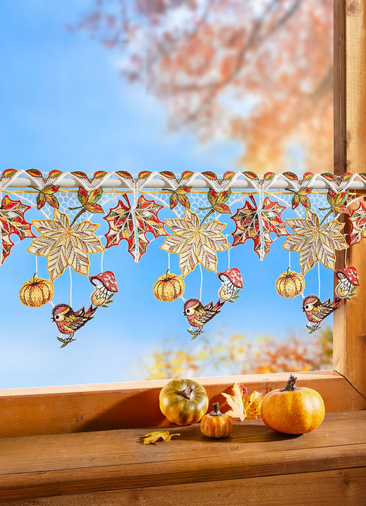Kurzgardinen - Stangendeko Herbstblätter aus echter Plauener Spitze, in Größe 628 (H21xB48 cm) bis 654 (H21xB96 cm), in Farbe BUNT Ansicht 1