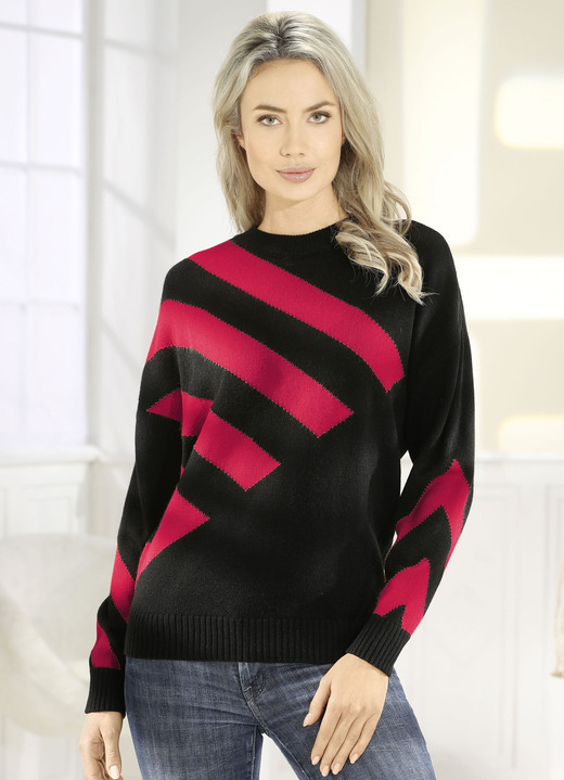 Langarm - Pullover mit Intarsienmuster, in Größe 036 bis 052, in Farbe SCHWARZ-GELB Ansicht 2