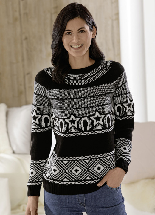 Pullover - Pullover mit Muster rundum, in Größe 036 bis 052, in Farbe SCHWARZ-WEISS