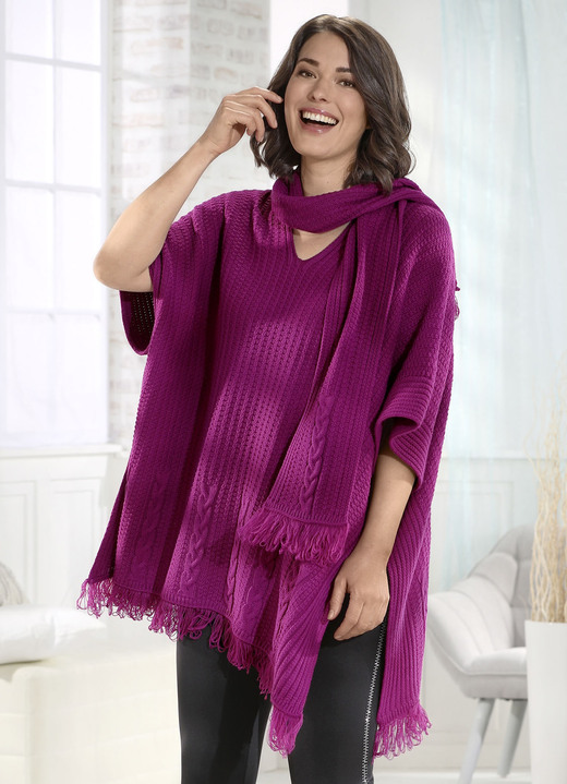 Pullover & Strickmode - Strick-Poncho mit angesetztem Schal, in Größe 3XL(56/58) bis XXL(52/54), in Farbe FUCHSIA