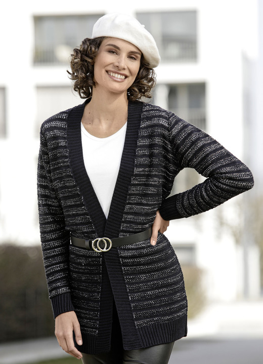 Pullover & Strickmode - Long-Strickjacke mit Glitzer, in Größe 038 bis 052, in Farbe MARINE-SILBER