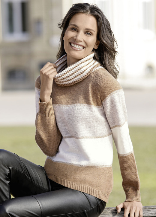 Pullover - Pullover mit feinem Glitzer, in Größe 036 bis 050, in Farbe KARAMELL-ECRU-BEIGE MELIERT