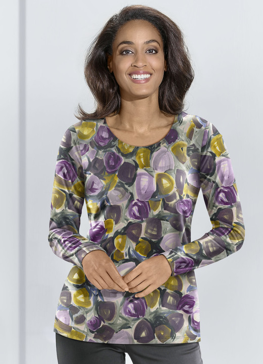 - Pullover in Feinstrick, in Größe 038 bis 054, in Farbe LILA-MESSING-MULTICOLOR