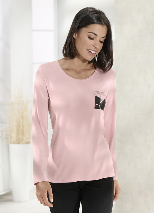 Langarm - Ansprechendes Shirt mit Applikation in 2 Farben, in Größe 034 bis 052, in Farbe ROSÉ Ansicht 1