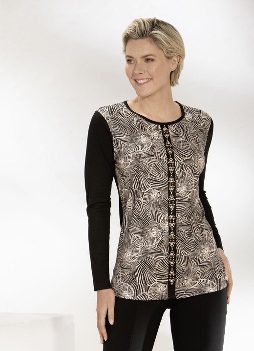 - Shirt mit aufwendiger Strass- und Schmucksteinzier, in Größe 036 bis 052, in Farbe SCHWARZ-BEIGE