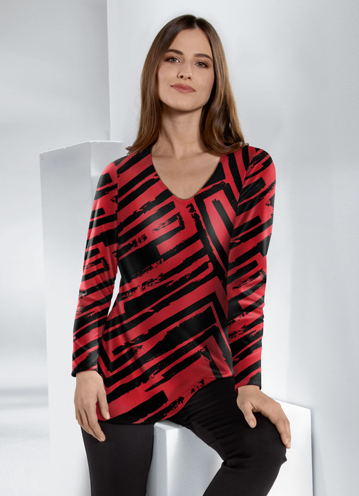 Langarm - Allover gemustertes Shirt mit V-Ausschnitt , in Größe 036 bis 052, in Farbe ROT-SCHWARZ