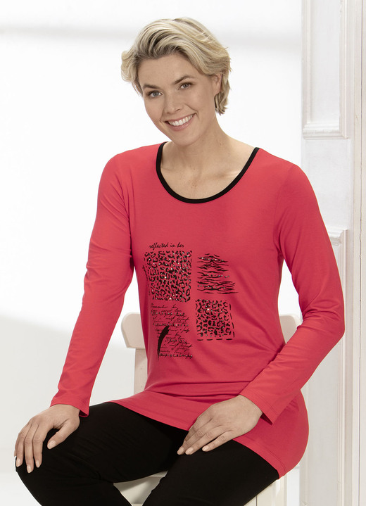 Langarm - Shirt mit Kontrast- und Plättchenzier in 2 Farben, in Größe 038 bis 056, in Farbe ROT Ansicht 1