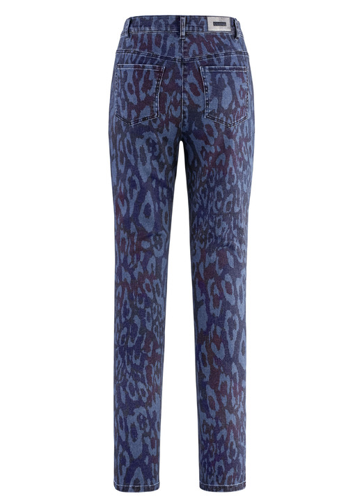 Hosen - Jeans mit angesagter Tierfelldessinierung Ansicht 2 Hosen - Jeans mit angesagter Tierfelldessinierung, in Größe 017 bis 052, in Farbe DUNKELBLAU-JEANSBLAU-BORDEAUX Ansicht 2